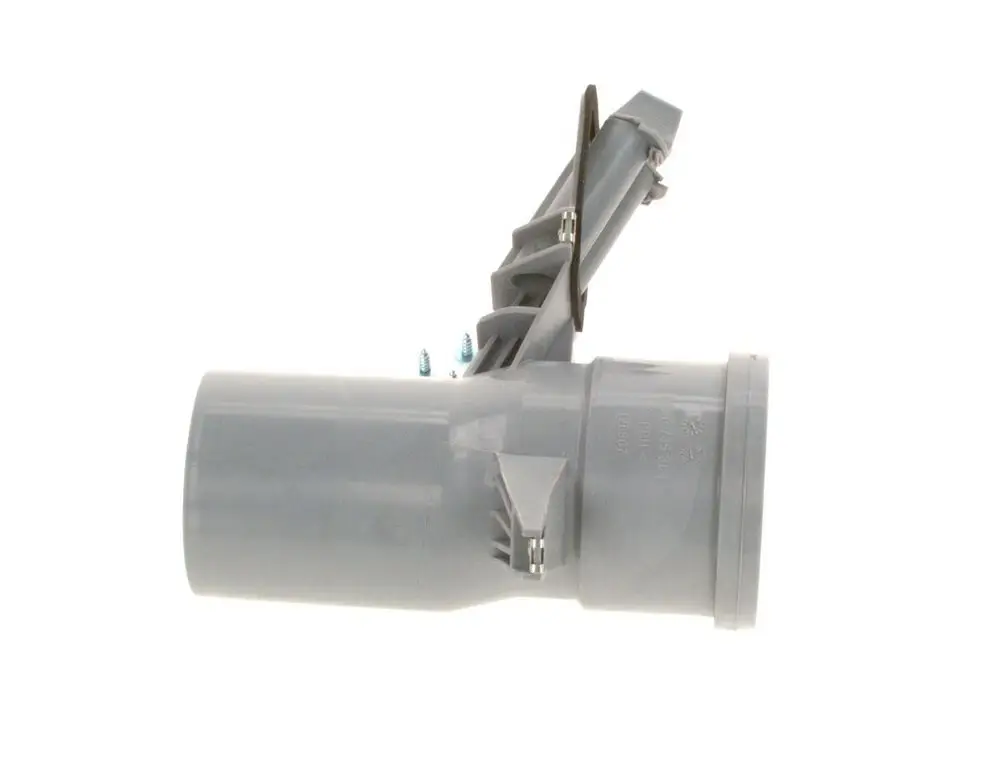 BOSCH Abgasanschluss in grauer Farbe, mit einem geraden Anschluss und einem beweglichen Mechanismus zur Regulation des Abgasflusses.
